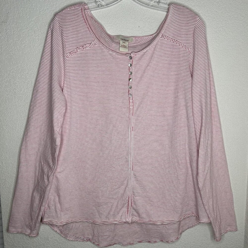 Sundance Shirt Womens XL Pink White Stripe Scoop Neck Button Henley Cotton Top